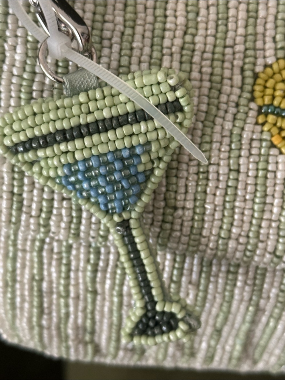 Beaded Cocktail Clutch Shoulder Bag - Ivory with Yellow & Green Cocktail Motif - Picture 2 of 5
